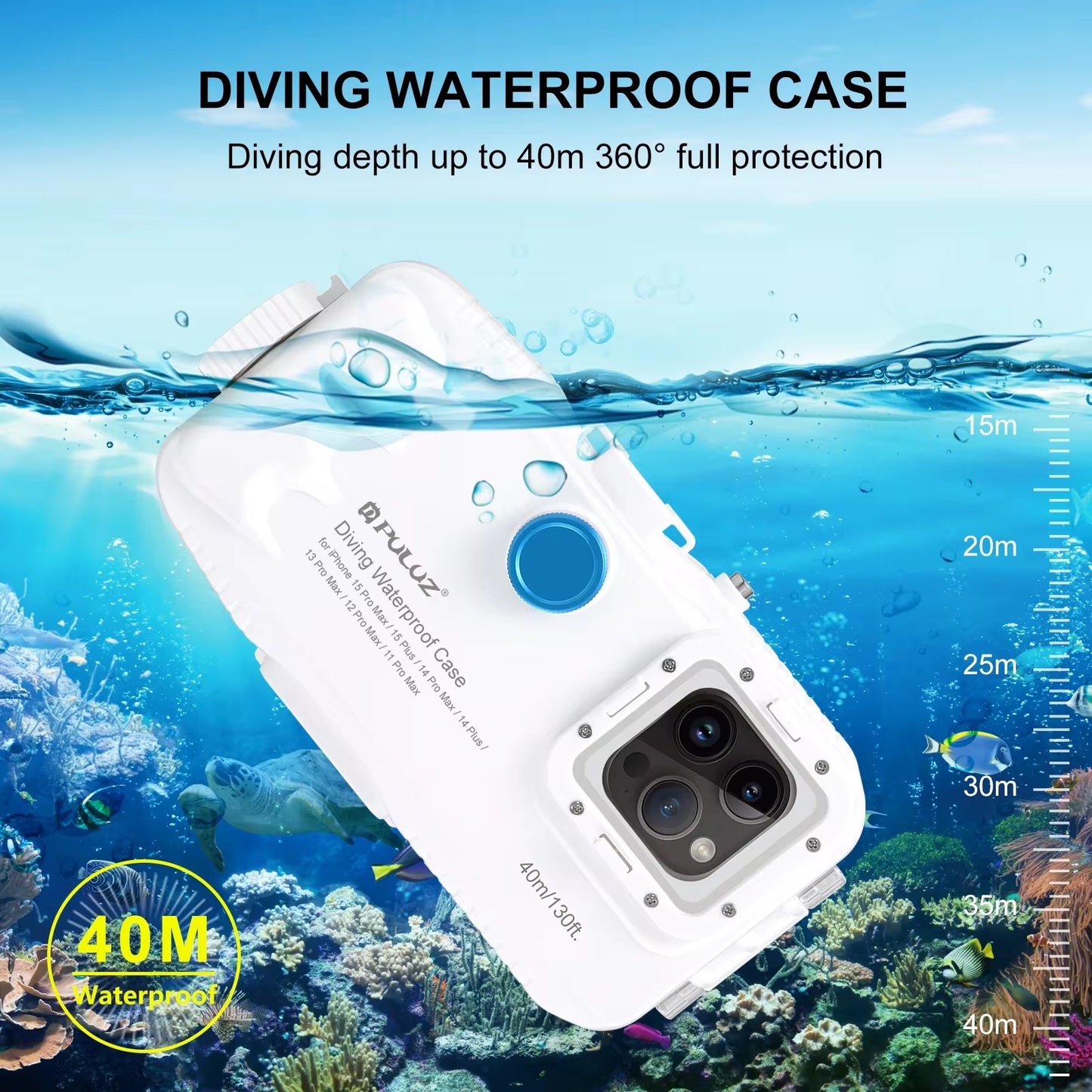 PULUZ 40M Waterproof Diving Case for iPhone 15/14/13/12/11 Pro Max - Ultimate Underwater Video Housing with One-Way Valve